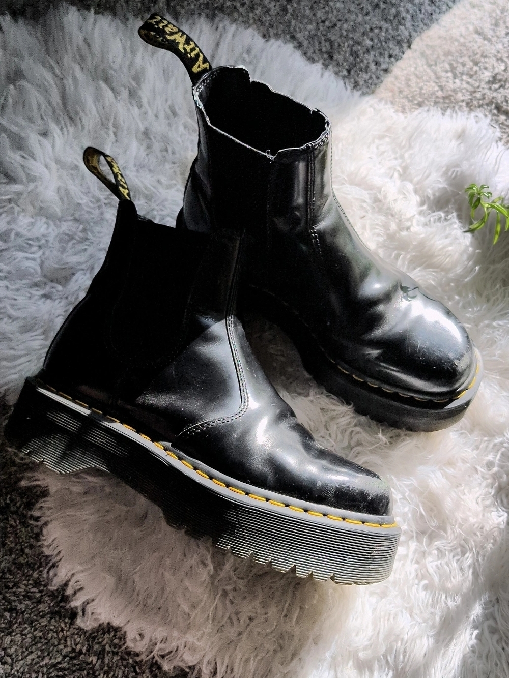 Dr. Martens Black Leather Platform Chelsea Boots with Yellow Stitching
